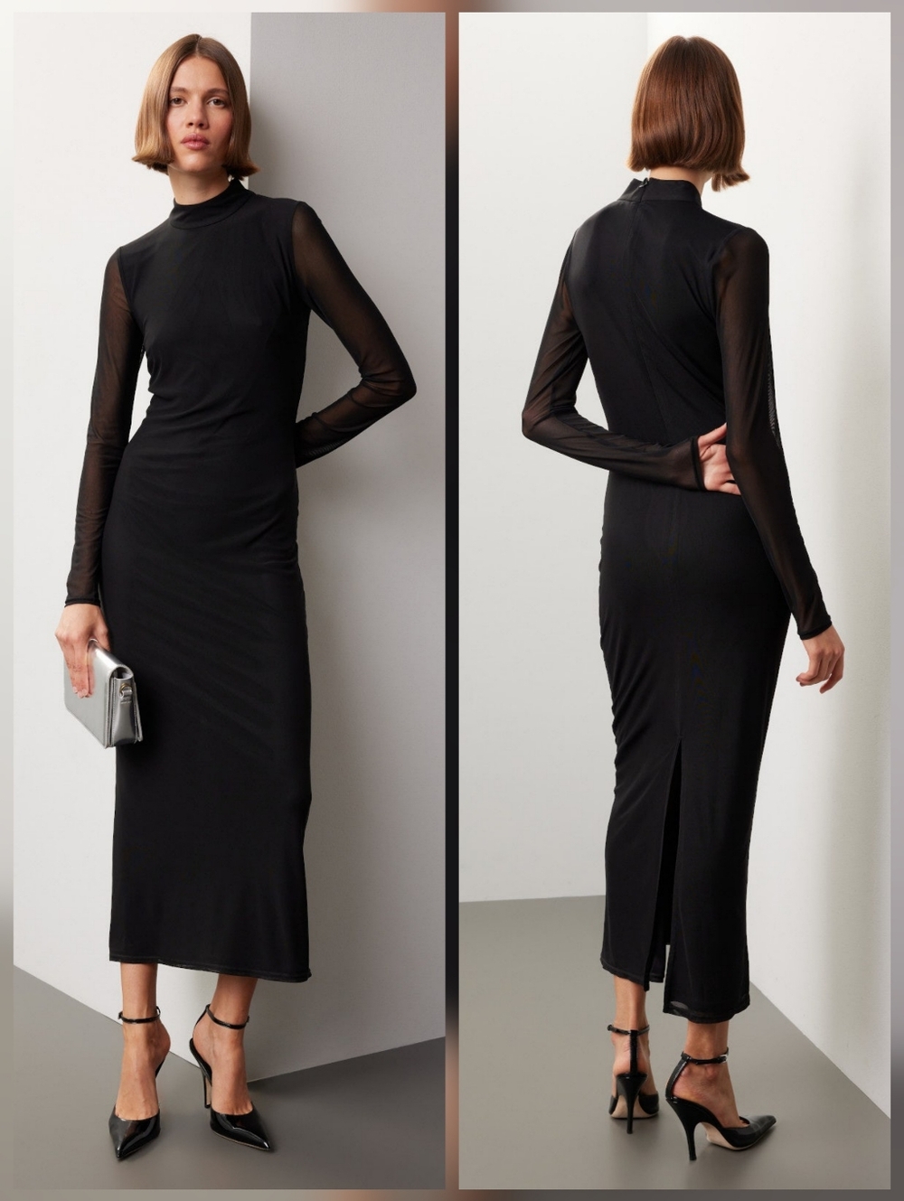 Saunders Mesh Midi Dress  Long Sleeves Mock Neck Size 0